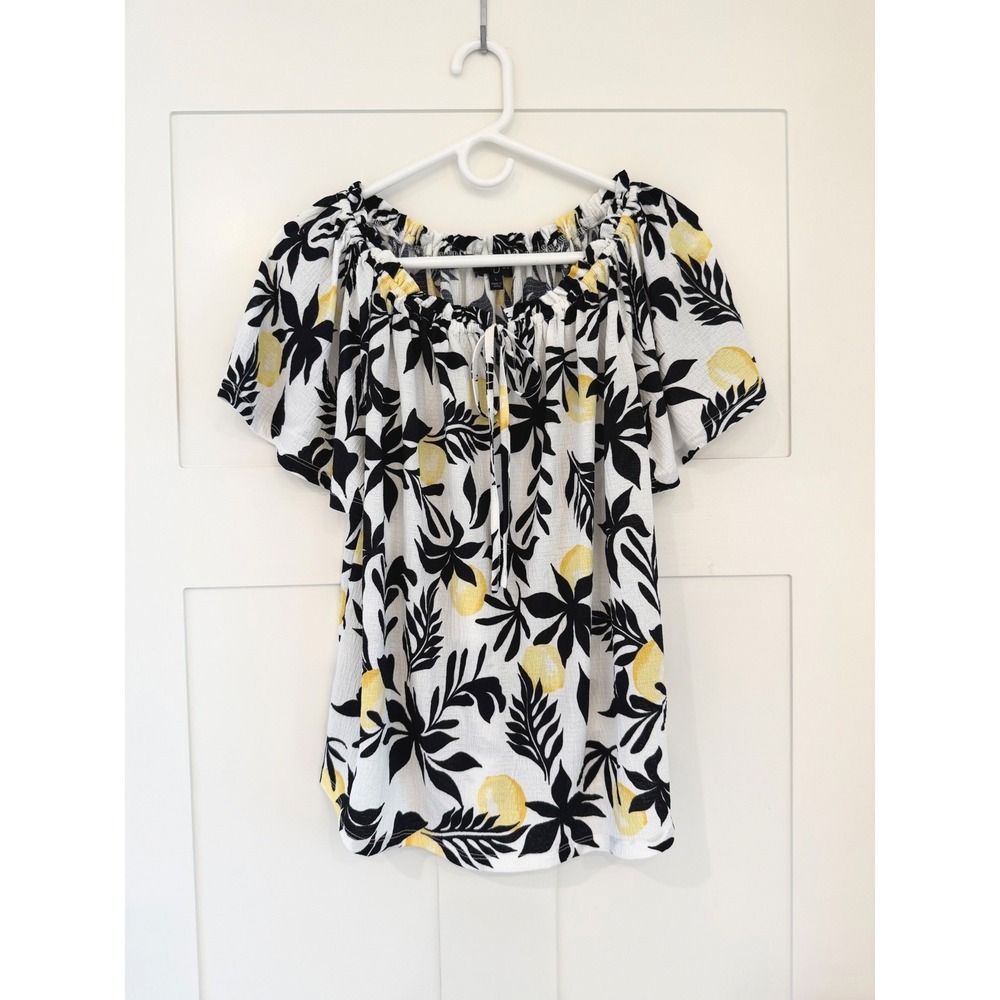 Fred David Lemon Tropical Print Off Shoulder Peasant Blouse White Black Yellow L